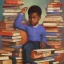 Placeholder: Smart African American young boy on pile of books by Monet