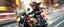 Placeholder: robotic ai pirate ninja in the style of fallout 4 hi speed rocket ship on leaning scooter in a swing, coated rat gremlin captain in high speed pursuit among neon spy vs spy rat cyber soldiers, with background motion blur, airbrush and pen outline, in the style of Fallout 4 and Cyberpunk and GTA5, huge transparent sun glasses