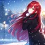 Placeholder: girl, masterpiece, best quality, volumetric lighting, detailed outfit, perfect eyes, red hair, golden eyes, long hair, snowing, outdoors, winter outfit, hairclip, depth of field, black outfit,