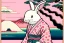 Placeholder: ukiyo-e style print of a white rabbit with a human body wearing a soft pink yukata and walking by the sea