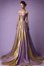 Placeholder: Stunning utopian gown with lavender and gold. Hyper realistic standing model