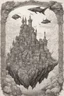 Placeholder: Intricate ink drawing of a medieval village on a flying rocky island, flying sea creatures, steam punk style, surrealism, black and white, crisp lines, highly detailed, image centered on the page with negative space around it