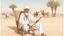 Placeholder: Old man, Arab, turban, white clothes, cattle, desert, council, sun, palm trees, mud houses, holding a stick, looking forward, a very slight smile.cartoon,Sitting on a chair,long beard,Mouth slightly open,Realistic features, portrait