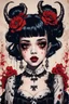 Placeholder: Poster in two gradually, a one side malevolent goth vampire girl face and other side the Singer Melanie Martinez face, full body, painting by Yoji Shinkawa, darkblue and sepia tones, wears a smart shirt which is embroidered with red flowers and ornaments, has dark eyes and horns,