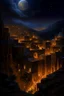 Placeholder: Create surrealistic image of a walled ancient city sitting in the distance at night as viewed from the rim of a canyon about the city. The city is lit with torch sconces around the perimeter with windows high up on the walls. Soldiers in armor patrol the walls surrounding the city under the flickering torchlight and a full moon above. One window high up on the wall has a red string hanging from it blowing in a gentle breeze