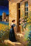 Placeholder: Night, vegetations, flowers, one woman, house, distant buildings, julius rose, and thomas hill paintings