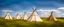 Placeholder: Prairie landscape, living skies, 1 large teepee and 3 smaller teepees, near trees, historically authentic, summer