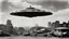 Placeholder: B&W 35mm vintage photo of a UFO in a WW2 picture, destroyed city backdrop