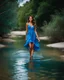 Placeholder: beautiful girl in pretty blue dress walking in water toward camera in trees next to wavy river with clear water and nice sands in floor.camera capture from her full body front