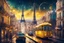 Placeholder: Lisbon city view in fantasy cyberpunk style with famous yellow tram, one eiffel tower in background, celestial cosmic sky