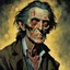 Placeholder: Artists Francisco Goya and Michael Whelan and George Herriman unleash a captivating portrait illustration of Harry Dean Stanton as a zombie, his wicked countenance dominating the canvas, clear eyes piercing through enveloping darkness, brilliantly grounded against the backdrop of an elusive nightmare, palpable textures, Whelan's distinctive visceral style, detailed line work, opulent shadows, dystopian, hyperrealistic, zombiecore