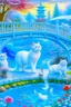 Placeholder: in the center: beautiful chunky white cats playing on a bridge with grey mice, under the brigde flows a small blue river; background: landscape, first plan: pink flowers: white clouds in shape of cats, season: winter and snowfall