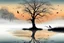 Placeholder: Illustration of a lonely dark tree with barren branches stands on a water's edge, reflected in the water, fog, crows on the sky, mystical landscape, sinister mood, line art