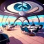 Placeholder: futuristic luxury vampire empty vampire restaurant near the sea with cooked turkey in the middle of a tables and clean chairs in the restaurant cartoon