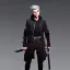 Placeholder: gray-haired young man with katana in black baggy jaket