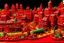 Placeholder: A red Day of the Dead themed town with fiery ghost peppers designed in Mexican folk art painted by Henri-Robert Bresil