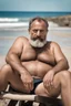 Placeholder: full figure shot photography of a tired strong muscular chubby hairy burly 55 years old ugly marocan carpenter, big nose, bullneck, beard, short hair, manly hairy chest, swimwear, bulge, emotive eyes , relaxing on a chair on the beach in the sun, big shoulders, side light, sweat and wet, ground view angle , front view