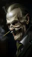 Placeholder: Bosch nightmares paining style Title: a joker face with cigarette in his mouth, smiling 8k,photography, photorealistic concept art, soft natural volumetric cinematic perfect light, chiaroscuro, award-winning photograph, masterpiece, oil on canvas, Raphael, Caravaggio, Greg Rutkowski, people, beksinski, Giger