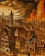 Placeholder: An orange colored western town engulfed in smoke designed in medieval tapestry painted by Lucas van Leyden
