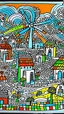 Placeholder: A white village with windmills painted by Keith Haring