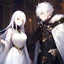 Placeholder: Girl with white hair wearing white robes. Boy with black hair wearing leather armor