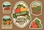 Placeholder: Stickers for a lakeside farmers' market "Good Spirit Market" in a national parks sticker style, featuring illustrations of fresh produce