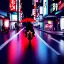 Placeholder: photo of a ninja riding a bike; in an alternate universe in tokyo; cyberpunk; realistic; rain; neon signs