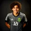 Placeholder: 85mm DSLR color photography of a very detailed headshot fitting all of head and hair in frame. 17-year-old Brazilian soccer player, with brown hair color and no facial hair and has very short hair and with a small smile, grey background make him look mor rough