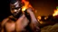 Placeholder: half figure shot Photography Of three congolese angry ugly muscular Burly thin 27 Years Old in the night, dressed with elegant shirt and jeans , sweat ,Tattoo, short hair , Beard,crossed arms, big arms, At The Beach At Midnight , Illuminated By Bonfire, Photorealistic, 8k, Global Illumination, Detailed And Intricate Environment ambien occlusion, view from the ground