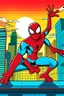 Placeholder: a vivid color of cartoon Spiderman laughing on a roof top in a city scape background with skyscrapers around