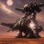 Placeholder: Armored Core fly in the sky in the desert with beside the ocean where you can see the space in the sky with twilight on the horizon, 4k resolution