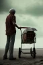 Placeholder: young boy standing and old man sleeping on beach, dark storm clouds overhead, gloomy, bleak, shopping trolley