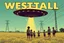 Placeholder: bumper sticker design, westall large flat ufo, in bold heading text "WESTALL 1966", lots of school children looking up in a field, high voltage powerlines and gumtree's in distance, mysterious cool, bold