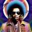 Placeholder: a realistic picture of Jimi Hendrix with dreadlocks, at a turntable with headphones on being a DJ, vivid color, with sunglasses, psychedelic trippy art, with UFOs in the background