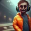 Placeholder: Harry Potter toddler, smile, cyberpunk headphone, sunglass, gangsta neckless, full body, orange puffer jacket, tokio background, dramatic lighting, hyper realistic, unreal engine 5, 16k