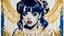 Placeholder: Poster in two gradually, a one side the Singer Danish MØ face and other side the Singer Melanie Martinez face, symmetry, painting by Yoji Shinkawa, darkblue and gold tones,