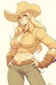 Placeholder: An anime style drawing of a buff cowgirl. she is blonde has sideburns. she is wearing chaps and a cowboy hat. she is buff and has big muscles!