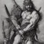 Placeholder: Portrait of a barbarian warrior with big axe in the style of Albrecht Dürer