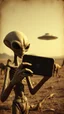 Placeholder: An old picture style of brown and white and very bad quality old camera with cracks of an Alien holding an IPhone the year 1900 in the background from a distance on a the ground ufo starship with dinosaurs