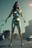 Placeholder: retro sci-fi image from 1960, supermarket explosions, people running, sweet young Kate moss walking, tight latex suit, weapon, soft color, highly detailed, unreal engine 5, ray tracing, RTX, lumen lighting, ultra detail, volumetric lighting, 3d, finely drawn, high definition, high resolution.