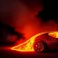 Placeholder: volumetric sweeping view of detailed shaded rendering of a car made of only molten lava, headlights, bumpers, whole car is lava