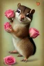 Placeholder: adorable chipmunk holds a diamond, roses on the beach, soft rounded edges, gentle, serene, magical, pastel colours, dynamic lighting, a masterpiece, surreal, Catrin Welz Stein style in sunshine