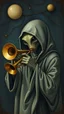 Placeholder: Hieronymus Bosch style , a hooded alien playing the trumpet