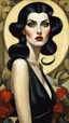 Placeholder: Fred Calleri, Tamara de Lempicka, Fabio Hurtado , retro style art ,muted colors, hard impressionists brushstrokes, full body portrait, mature, elegant vampire sorceress, highly detailed black hair and facial features, big round eyes, intimate, perfect anatomy, fading edges, combined with the photographic style of Diane Arbus