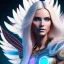 Placeholder: A beautiful portrait of a cute smiling cyberpunk woman with long blond hair, high key lighting, volumetric light high details with white stripes and feathers and blue luminous celtic paterns and wings, starry background