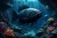 Placeholder: An underwater ancient stone-metalic metropolis , old stones, rocks, dark corals, black plants, mystic and alien sea creatures , ancient big metalic fish, deep sea, dark colors, plae lights, realistic textures, surreal, dark fantasy, sci-fi mood, thriller atmosphere.