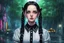 Placeholder: wednesday addams in 8k 2D anime realistic drawing style, Gothic them, neon effect, close picture, rain, highly detailed, high details, detailed portrait, masterpiece,ultra detailed, ultra quality