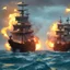 Placeholder: Two pirate ships fight each other at sea. Firing cannons. One ship is hit and burns after being hit.