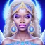 Placeholder: portrait of a beautiful somalian woman with an angel face smiling,long blond hair, blue eyes, pink and blue dress, jewels, soft light aura