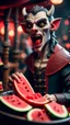 Placeholder: portrait of a vampire werewolf with mustage eating watermelon and the blood of fish on a viking ship, in the style of escher ,bokeh like f/0.8, tilt-shift lens 8k, high detail, smooth render, down-light, unreal engine, prize winning